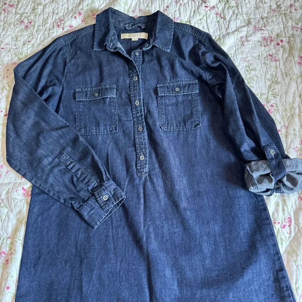 LOFT Size Small Petite Collared, button placket, long sleeve, denim Midi dress